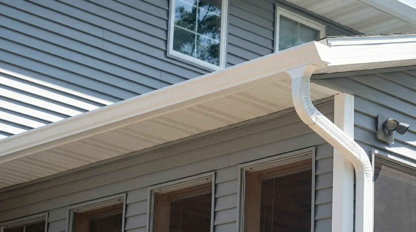Professional home remodeling project showing newly installed white seamless gutters and downspouts on a house with gray siding in Irvine, CA