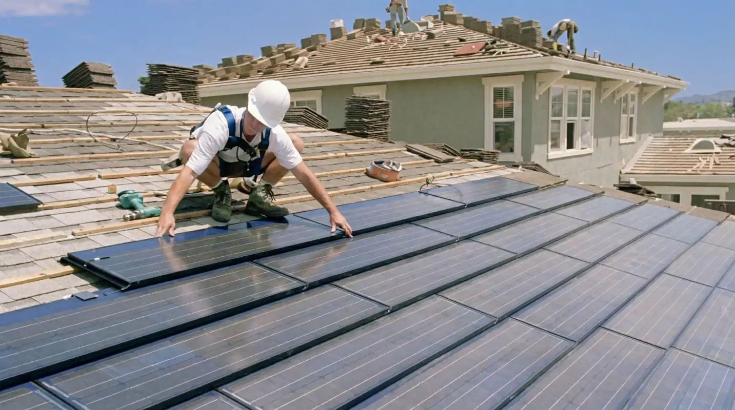 Roof replacement expert installing modern solar shingles on a residential home in Irvine, CA