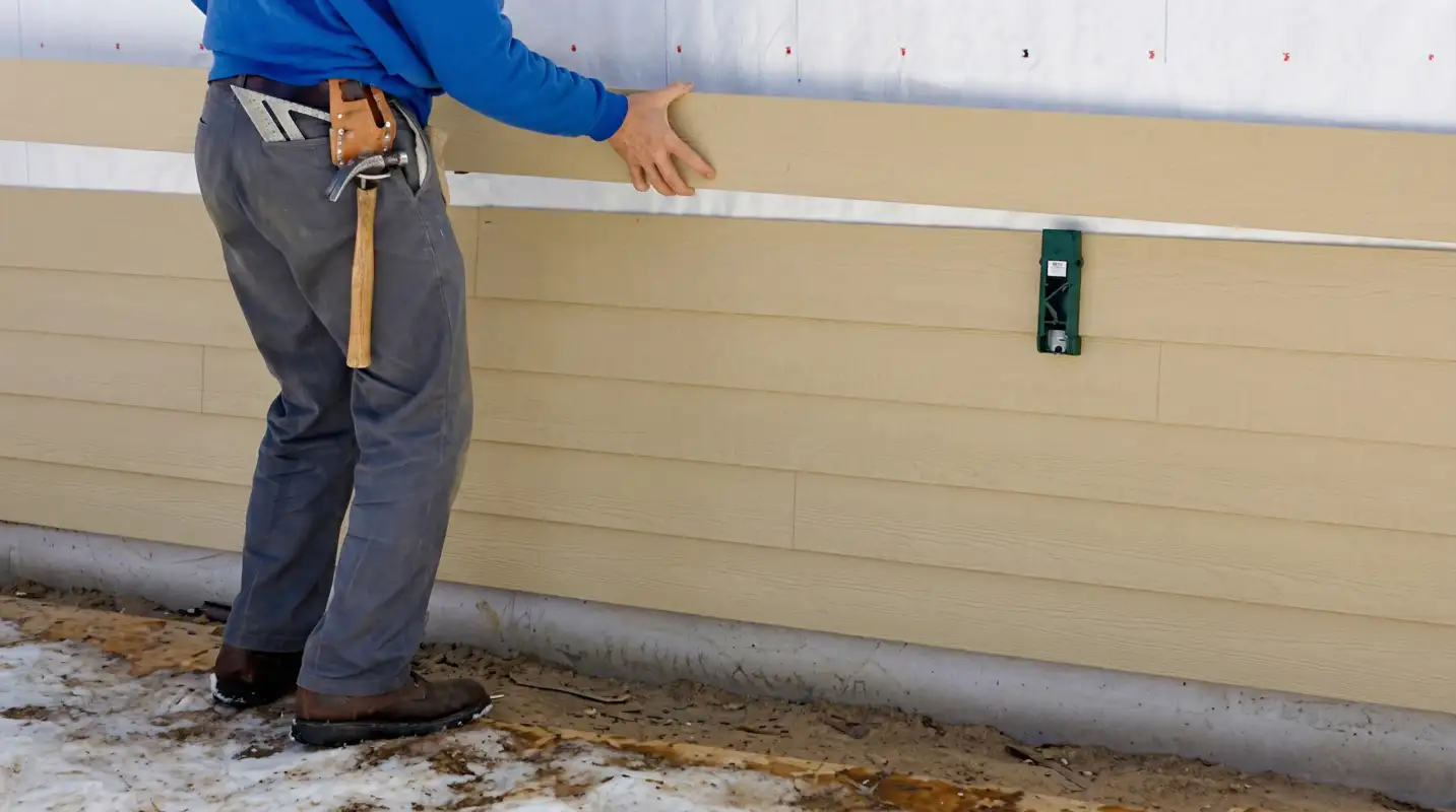 Siding replacement expert carefully aligning a new tan siding panel onto a residential exterior wall in Irvine, CA