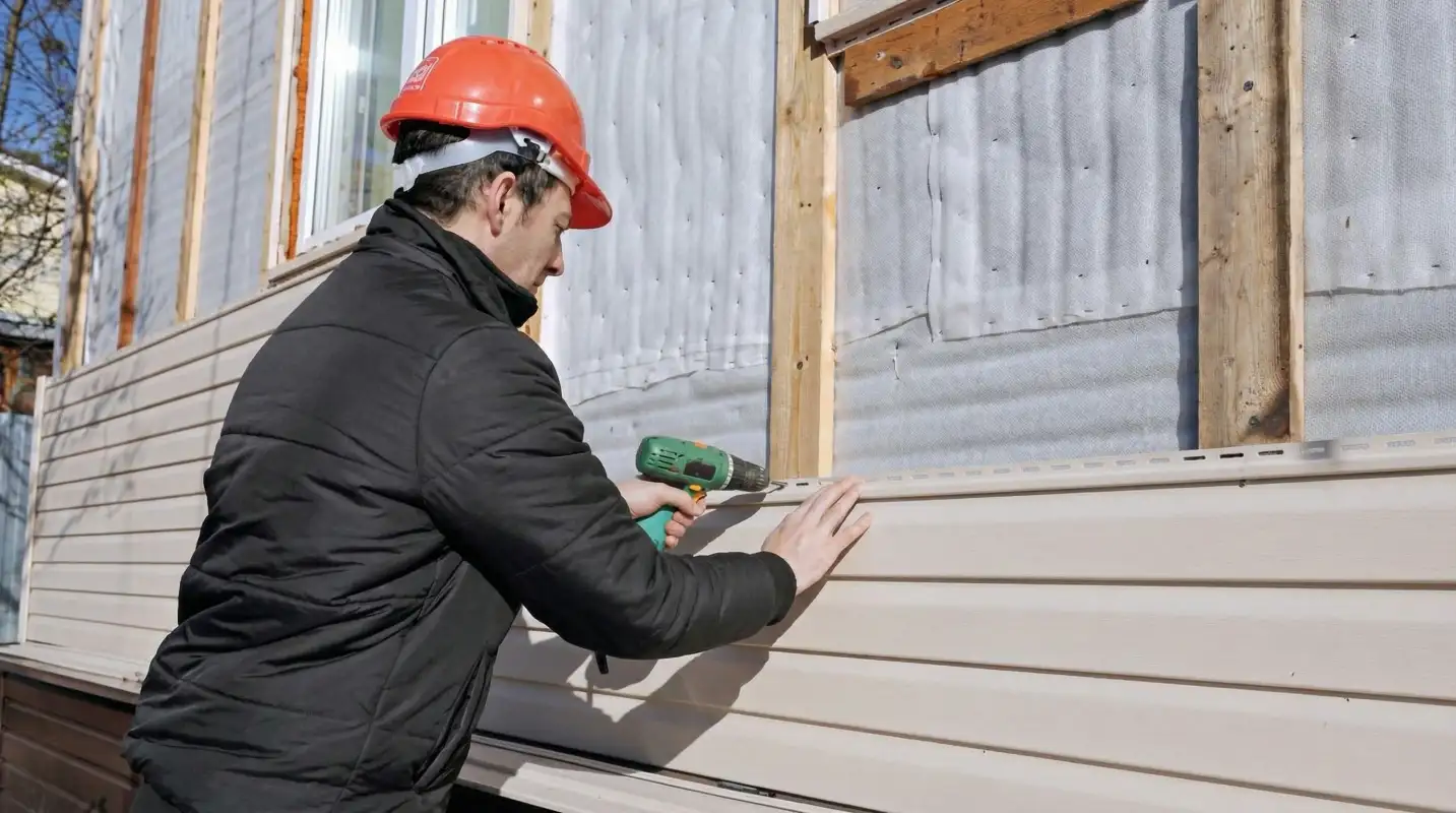 Siding replacement professional using a power drill to install new tan vinyl siding on a home exterior in Irvine, CA
