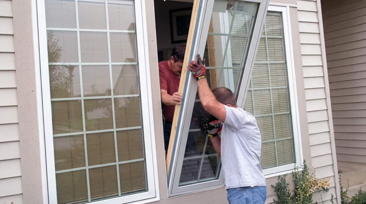 Professional home remodeling team installing a large replacement window on a house with tan siding in Irvine, CA