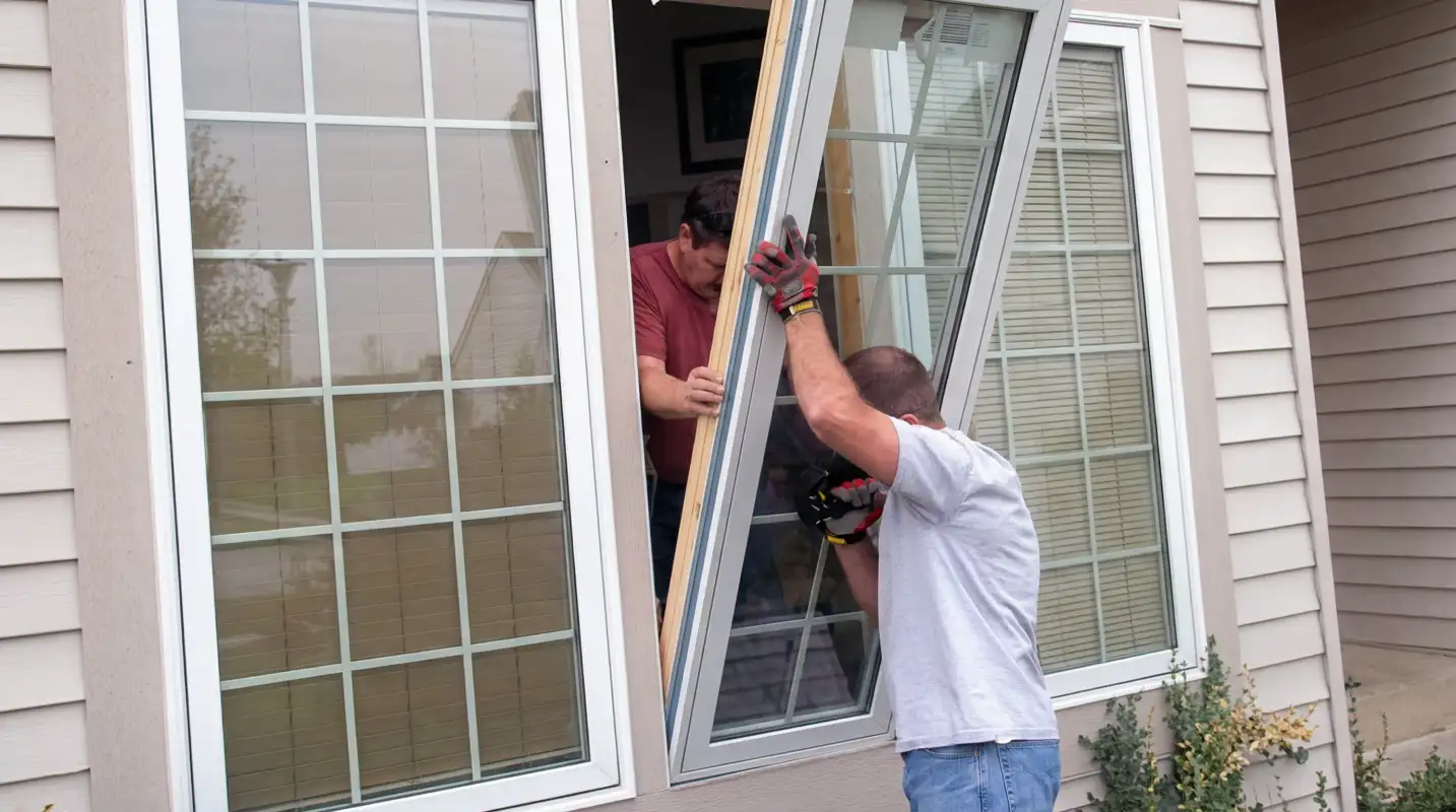 Professional home remodeling team installing a large replacement window on a house with tan siding in Irvine, CA
